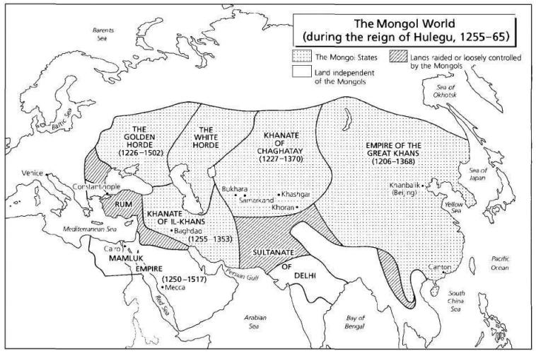 Mongol world during the reign of Hulegu, 1255–1265, from 'Islam: A Short History', https://ia803004.us.archive.org/28/items/IslamAShortHistoryKarenArmstrong/Islam-A-Short-History-Karen-Armstrong.pdf