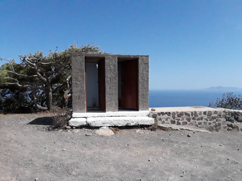 Squat toilets at the Church of the Prophet Elias along the caldera rim between Fira and Oia on Santorini.