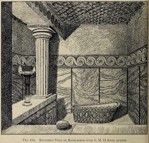 Restored view of bath-room with Late Minoan II bath within. Figure 254, page 384, The Palace of Minos at Knossos, Volume III, Sir Arthur John Evans, 1930.