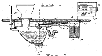 Patent drawing of a toilet holding tank to dilute waste with water before dumping it directly onto the tracks.