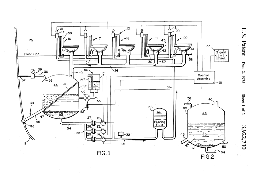 US Patent 3,922,730 A diagram of recirculating toilet system for use in aircraft or like