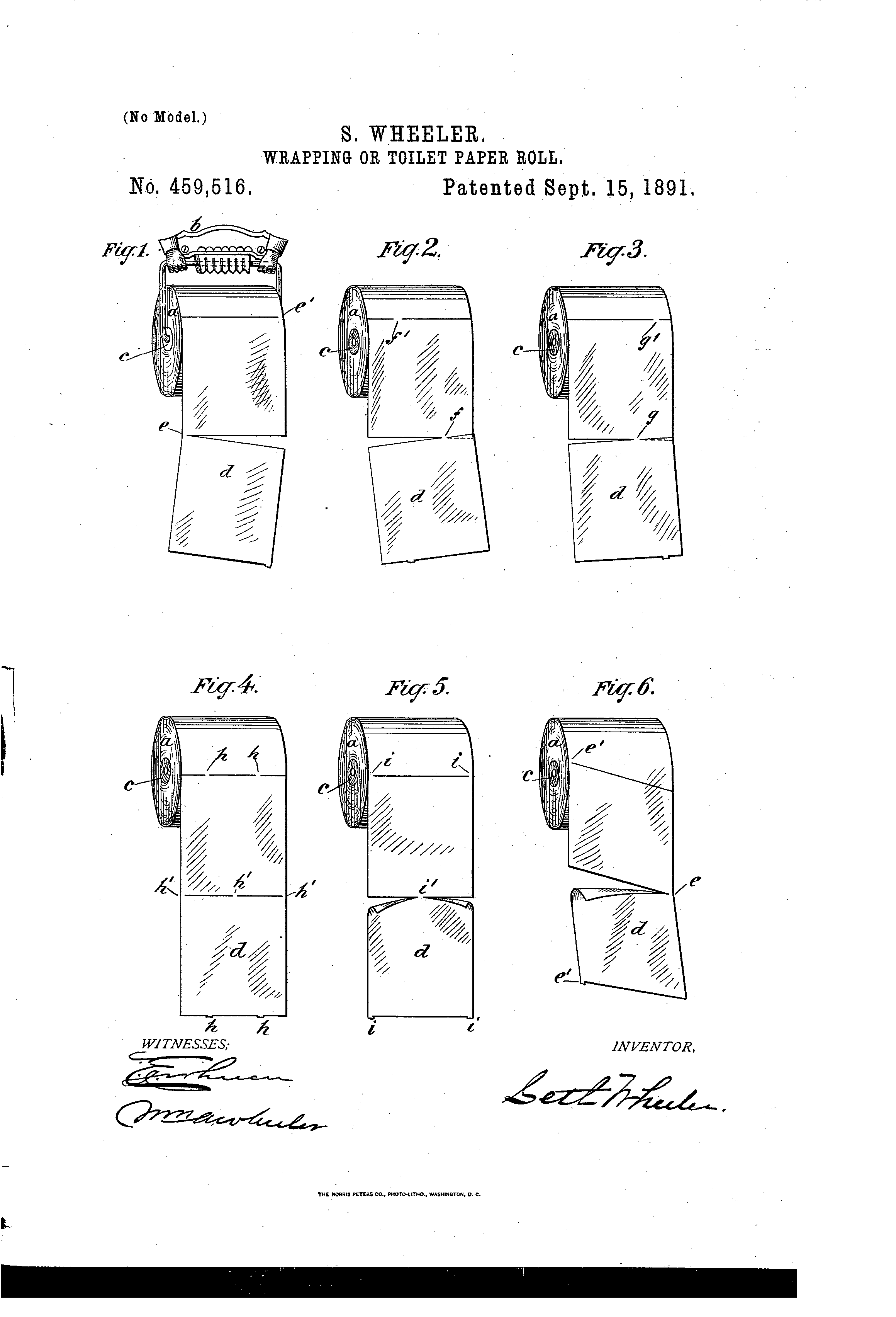 How to install a toilet paper roll, from U.S. Patent US 459,516 A by Seth Wheeler, 1891.