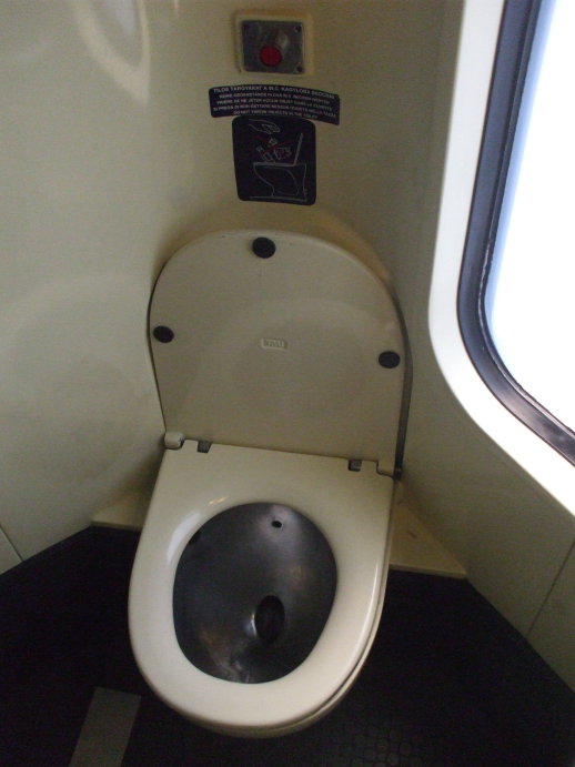 Washroom on board EuroCity passenger train from Budapest to Prague.