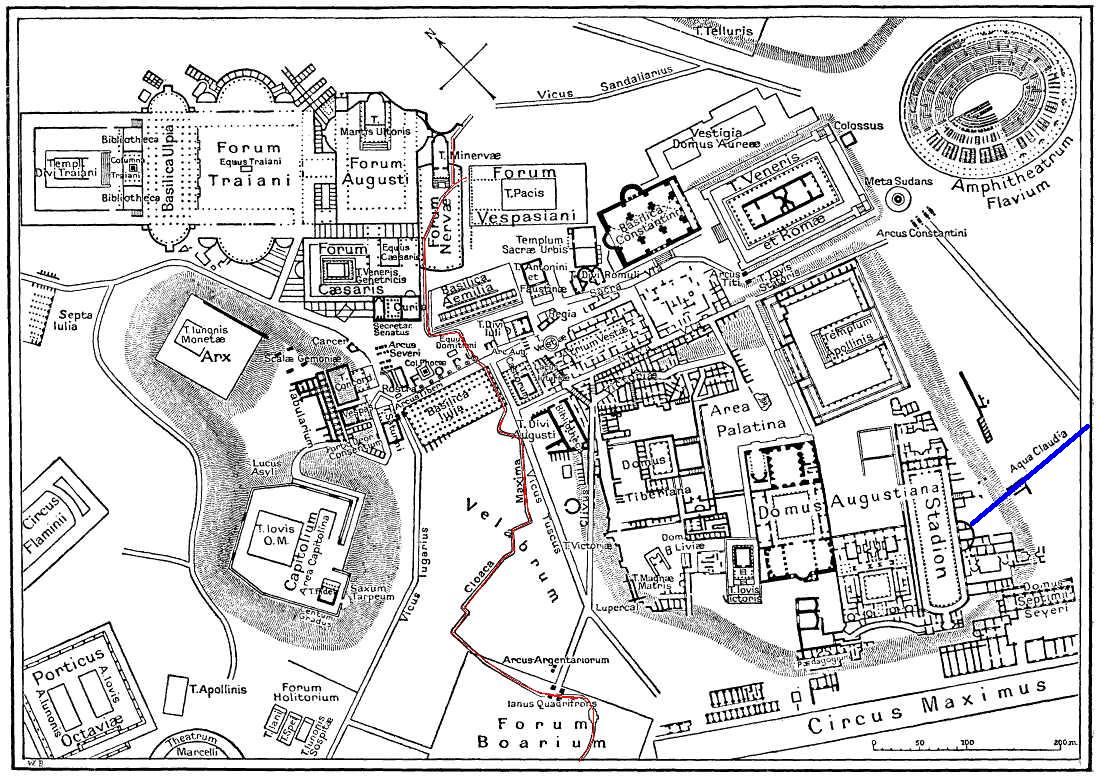 Map of central Imperial Rome showing the Cloaca Maxima running under the Forum, from https://en.wikipedia.org/wiki/File:Map_of_downtown_Rome_during_the_Roman_Empire_large-annotated.jpg