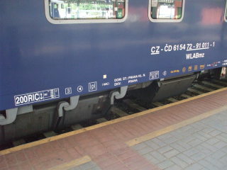 City Night Line passenger train from Prague to Amsterdam, Czech rail labels on passenger car.