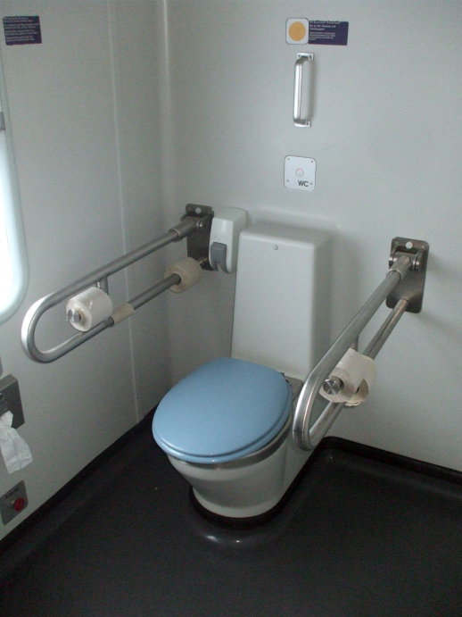 Handicap accessible toilet on board the City Night Line passenger train from Prague to Berlin, Köln, and Amsterdam.
