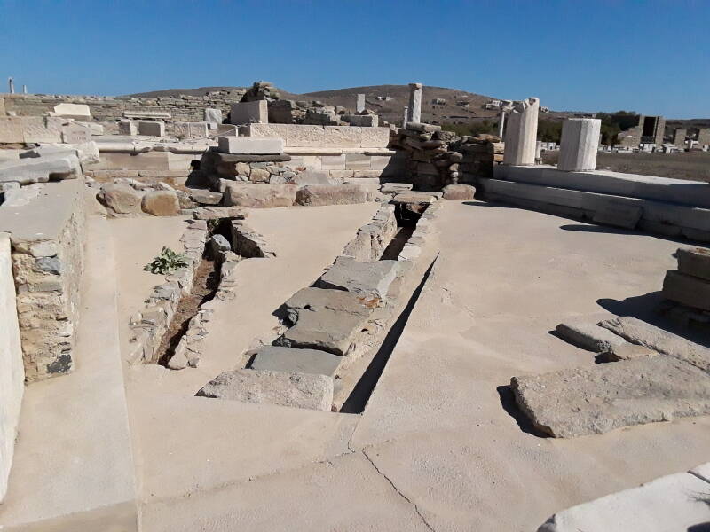 Drains associated with public latrine along the west side of the Agora of the Italians, just south of the Letoön, at Delos.