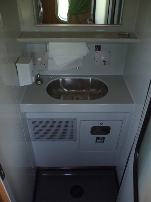 Sink in the washroom of EuroNight passenger train from Romania to Hungary.