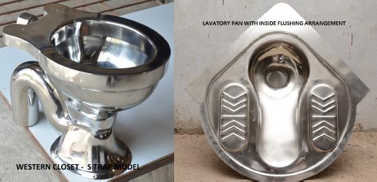 Stainless steel toilets from Fabrimech: western closet with S-trap and lavatory pan with inside flushing arrangement.