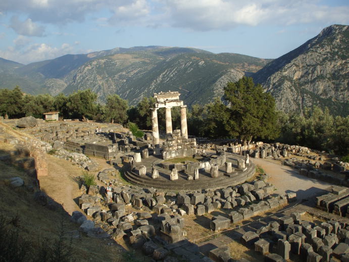 The Tholos at Delphi, a circular shrine from 380-360 BC consisting of 20 Doric and 10 Corinthian columns.