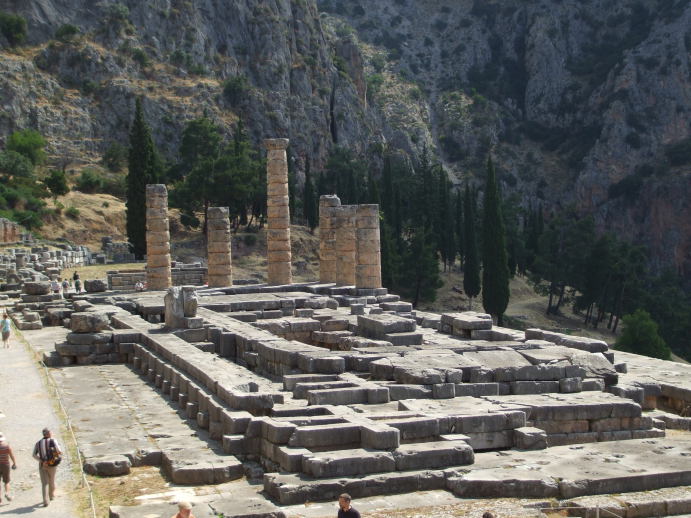 Temple of Apollo at Delphi, columns and the sacred chamber of the Pythia or Oracle.