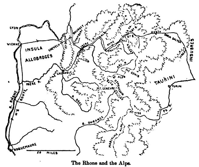 Hannibal's possible routes through the Alps from the Rhône to Italy. From Theodore Ayrault Dodge's 'Hannibal', 1891.