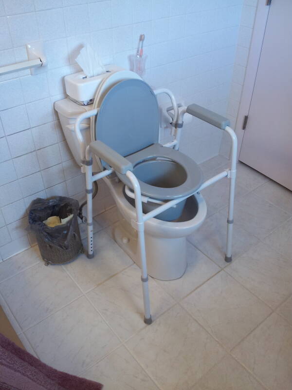Portable 'three-in-one' commode unit in a home.