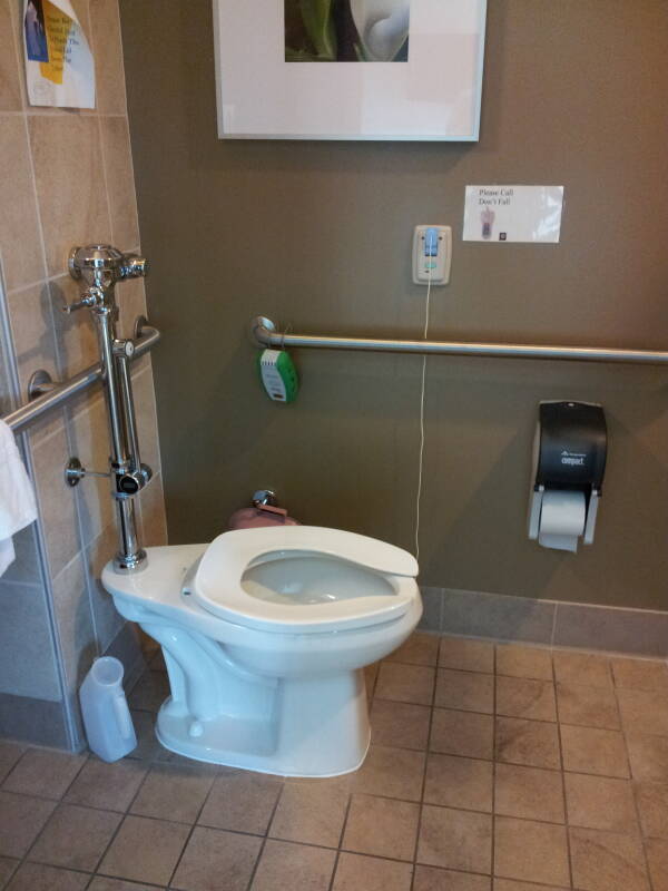 Hospital toilet with bedpan cleaning attachment, handrails, and call cord.