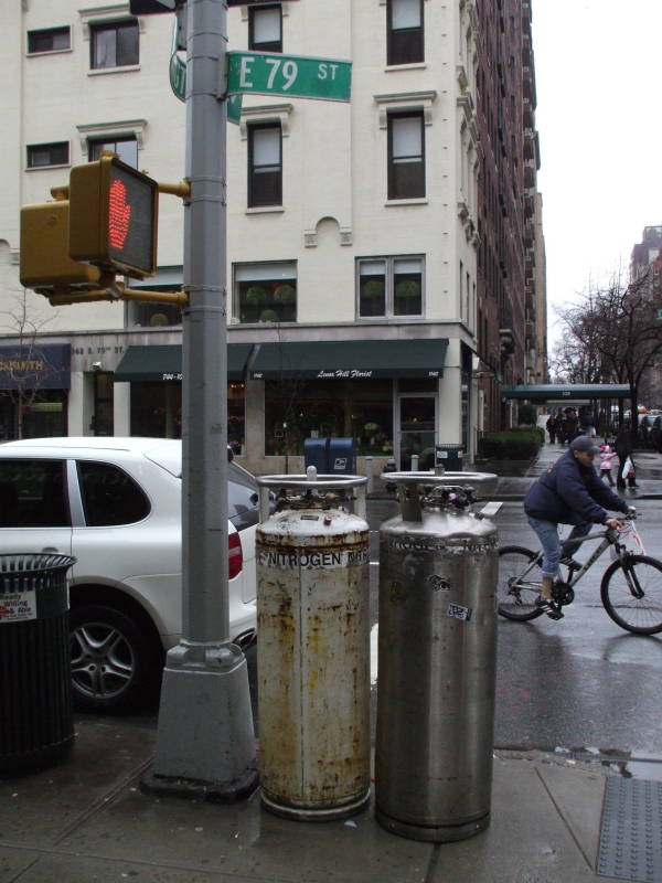 Dewar vacuum flasks of liquid nitrogen at Lexington Avenue and East 79th Street in New York, on the Upper East Side.