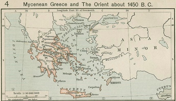 Map of Mycenaean Greece and The Orient about 1450 B.C. from Shepherd's atlas.