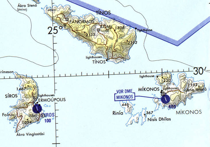 Aeronautical chart of the northern Aegean Sea, cropped to show Mykonos.