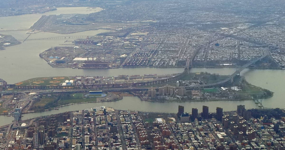 View of Randalls and Wards Island from an airliner traveling north along the Hudson River.