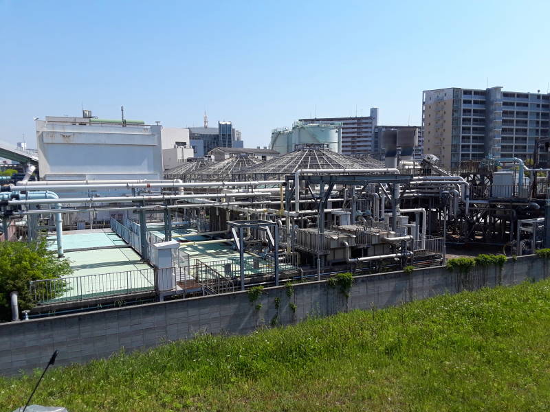Covered digester tanks at Ebie Sewage Treatment Plant in Osaka.
