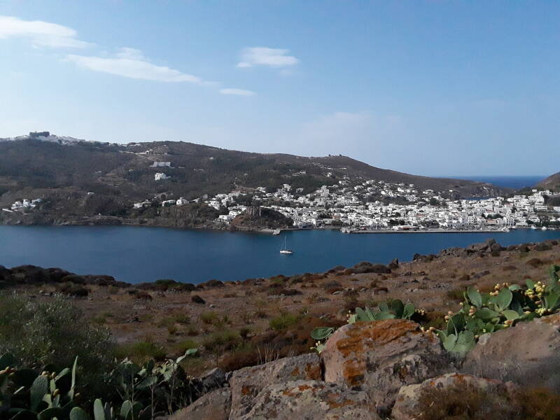 View south over Patmos harbor: Skala on the waterline, Hora on the horizon, Cave of the Apocalypse in between.
