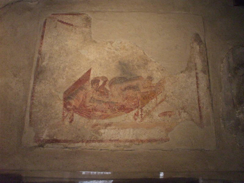 Erotic fresco in the Lupanaro, a Roman brothel at Pompeii.