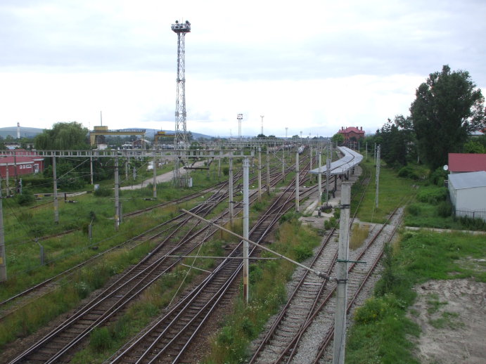 Rail lines at the train station in Suceava, Romania.