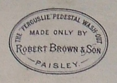 19th century Scottish porcelain toilet labeled 'The Ferguslie Pedestal Wash-Out Made Only By Robert Brown and Son, Paisley'.