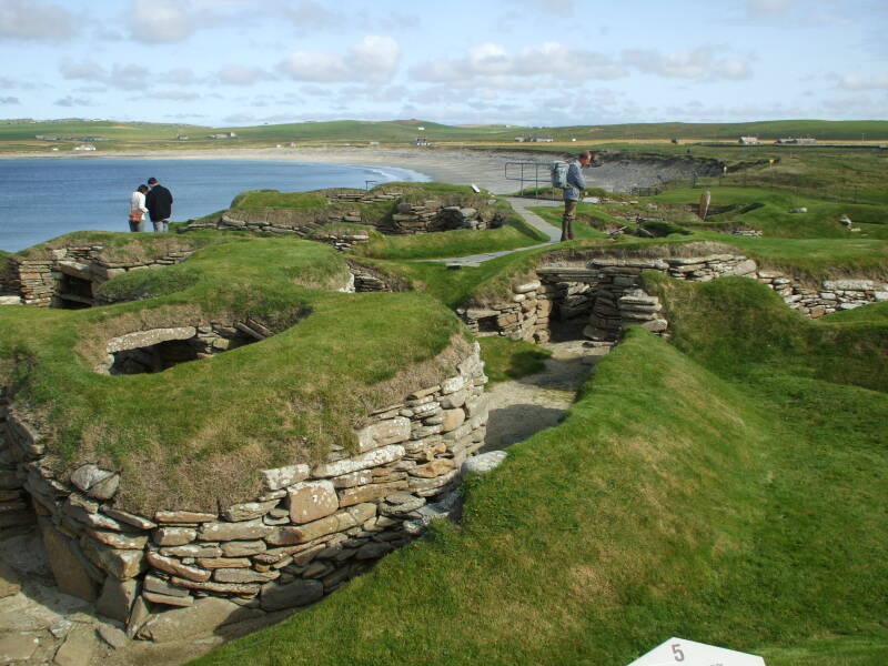 Overview of Skara Brae Neolithic settlement beside the Bay of Skaill in the Orkney Islands.