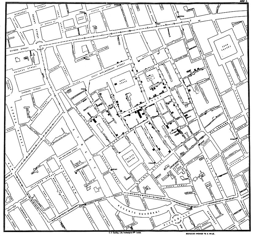 John Snow's cholera map from https://en.wikipedia.org/wiki/File:Snow-cholera-map-1.jpg