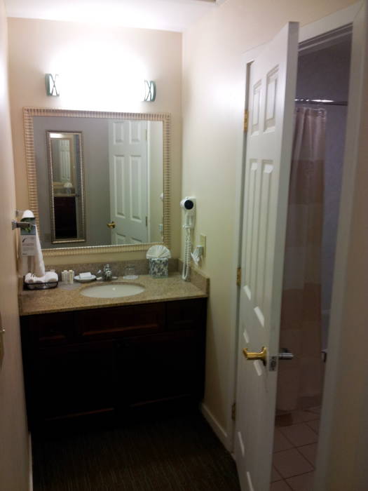 Hotel suite: sink and door to bathroom.
