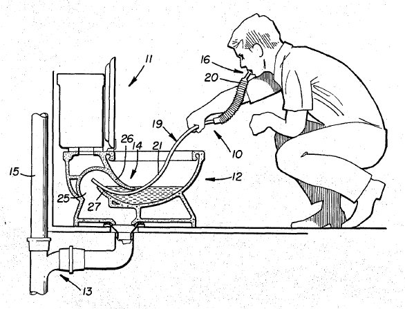 Cross-section drawing of a toilet snorkel being used by a man. Breathing the fumes from the sewer pipe.