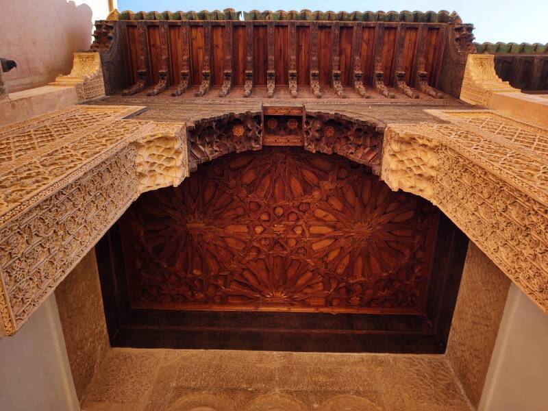 Carved wooden ceiling of a loggia in the Eastern Sanctuary in the Saadian Tombs complex.